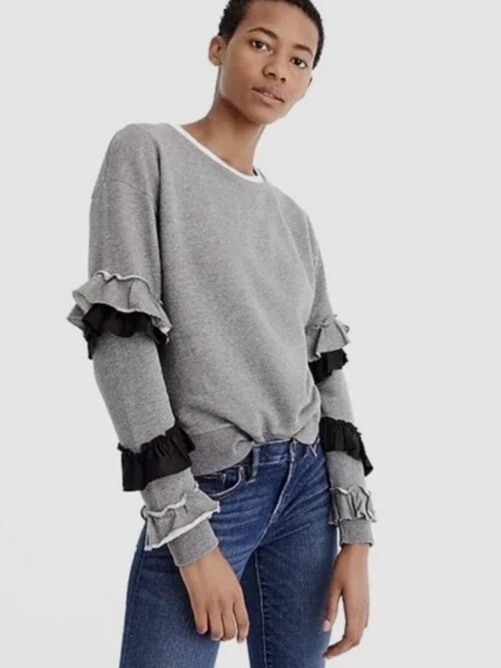 J.Crew Ruffle Sleeve Sweatshirt Gray Black Satin Statement Top Small EUC